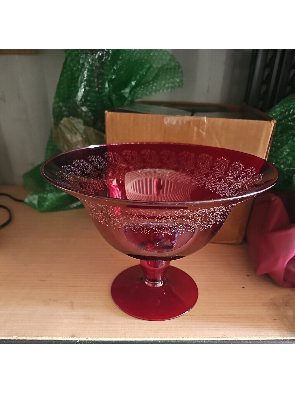 Vintage Blown Ruby Red Italian Murano Art Glass Compote Bowl with white accents.